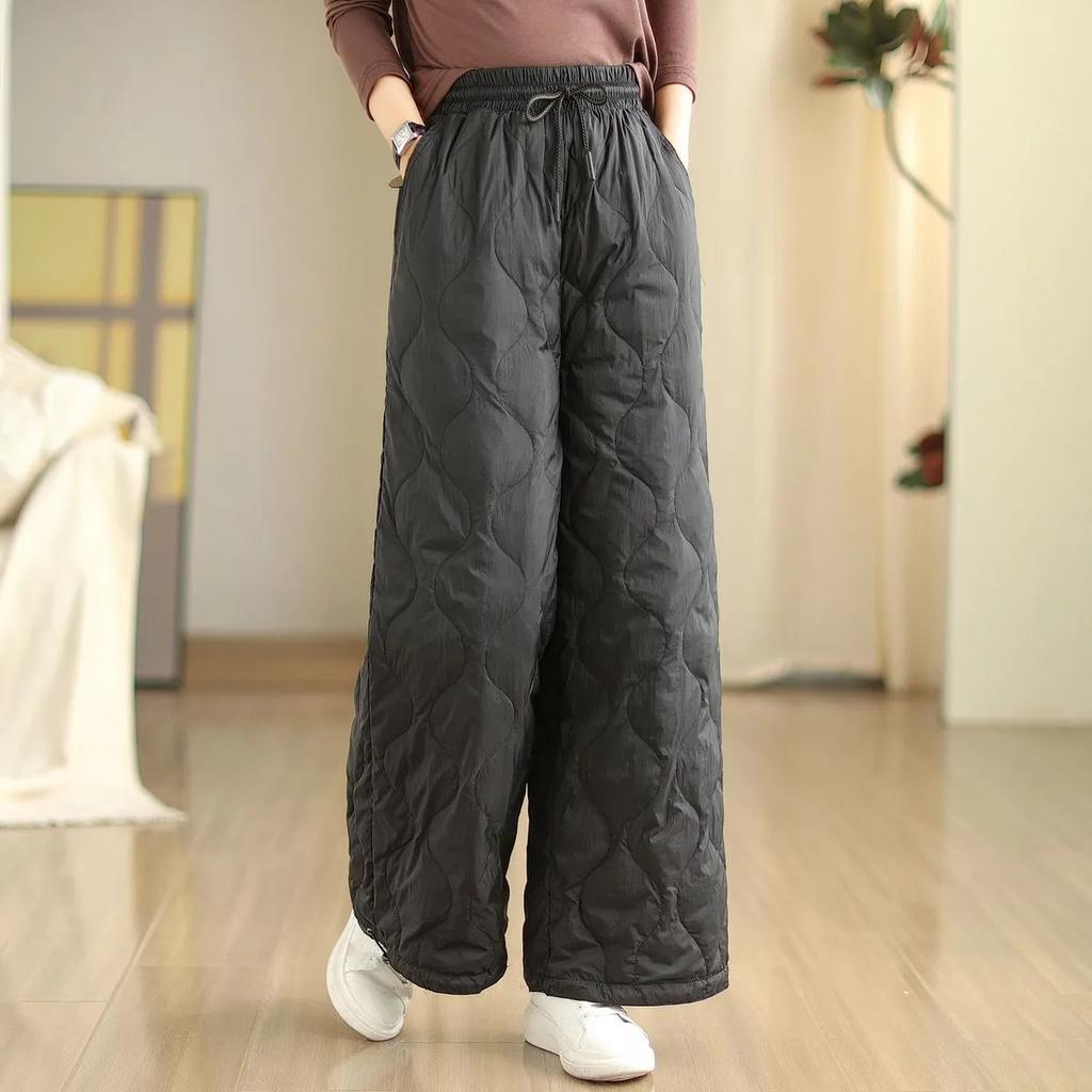 Women Winter Elastic Waist Padded Warm Trousers Solid Color Casual Wide Leg Sweatpants