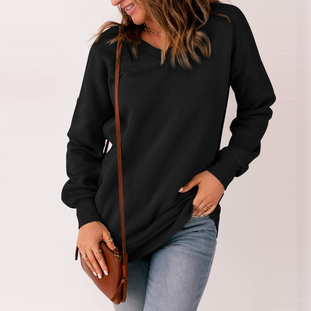 Женская повседневная толстовка с v-образным вырезом, свободные мягкие пуловеры с длинными рукавами, однотонные рубашки с боковыми карманами