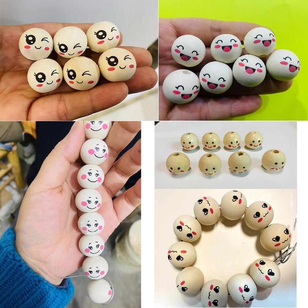 100 Pcs Wooden Beads 20mm Natural Wood Beads Wooden Ball with Face for DIY Jewellery Bracelet Necklace Craft Decoration