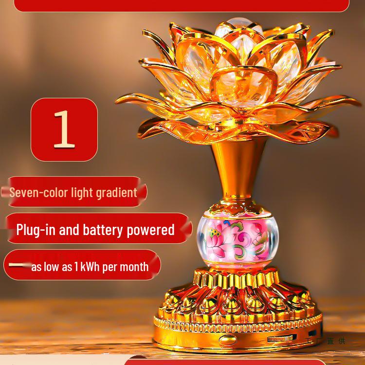 Seven-Color LED Rechargeable Buddha Offering Lamp - Lotus Design for Home and Guanyin Devotion.