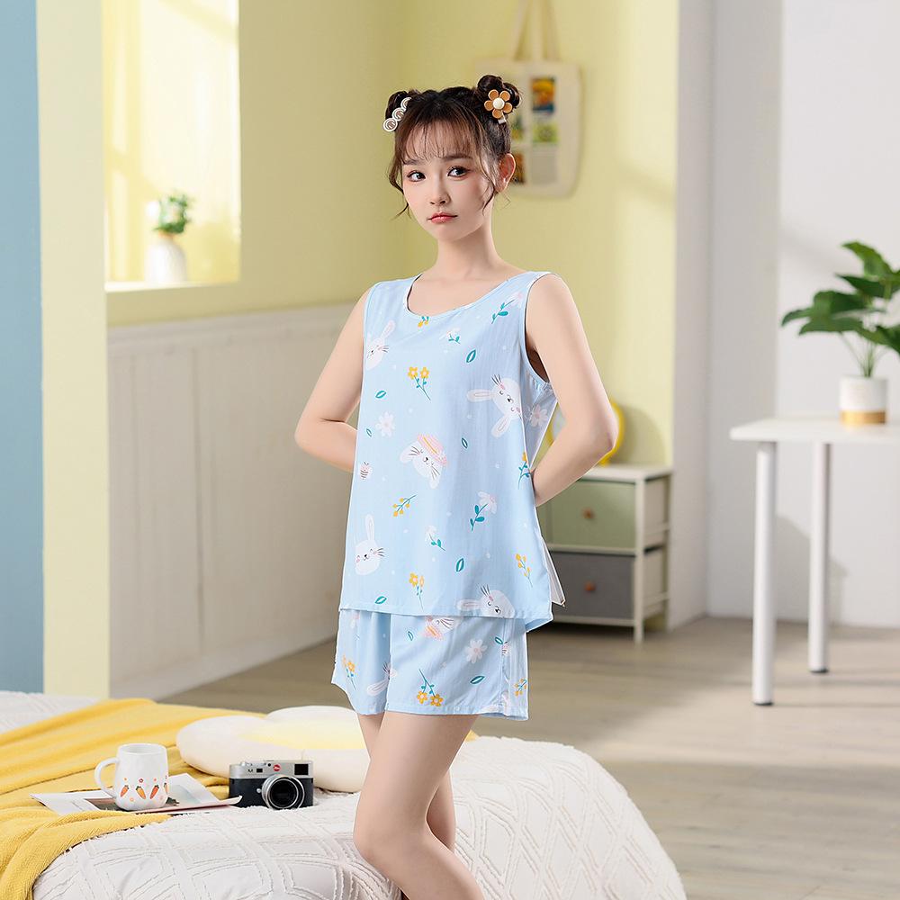 Хлопковые шелковые пижамы, комплекты из двух предметов, женский летний жилет, короткие шорты без рукавов, повседневные удобные милые большие размеры