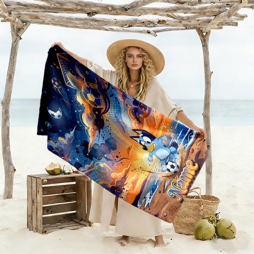 Bluey Soccer Adventure Customizable Name Beach Towel High Absorbency & Quick-Dry Suitable for Sports Travel Swimming Yoga Bathroom Beach And Pool