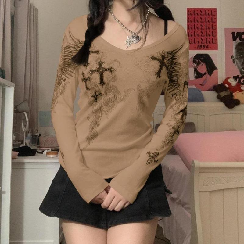 2KWEIRD Y2k Графический принт креста и крыльев Женская футболка с длинным рукавом Гранж Фея Футболка Харадзюку Эстетика 2000-х Панк Стиль Одежда Уличная одежда