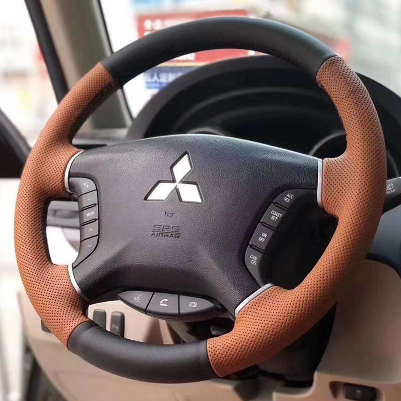 cwvc7 for Mitsubishi Pajero 2007-2014 Galant 2008-2012 Hand-Stitched Black genuine Leather Peach wood grain Car Steering Wheel Cover