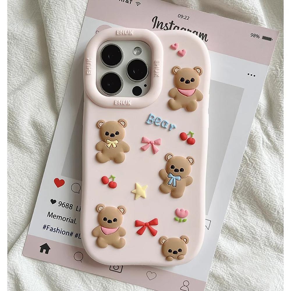 Милый 3D Медведь Бантик Силиконовый Чехол для Телефона для IPhone 13 14 15 16 Pro Max Kawaii 15Plus 14plus 14pro 15pro Мультяшная Задняя Крышка