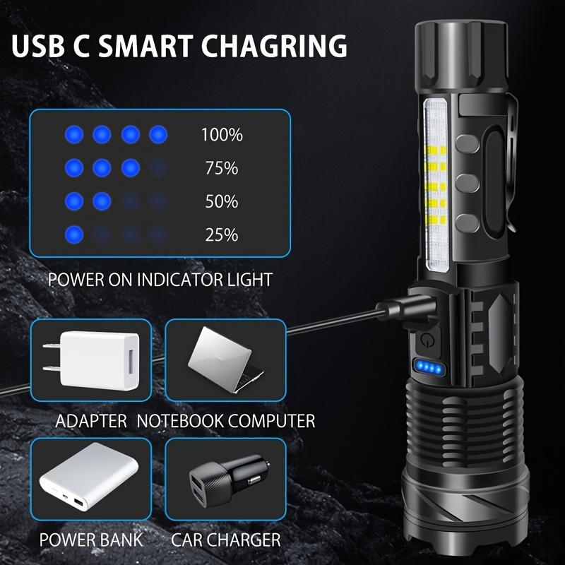 XHP50 LED Rechargeable Flashlight Zoomable Waterproof Torch with Side Light and Built-in Battery for Camping Hiking Fishing Outdoor