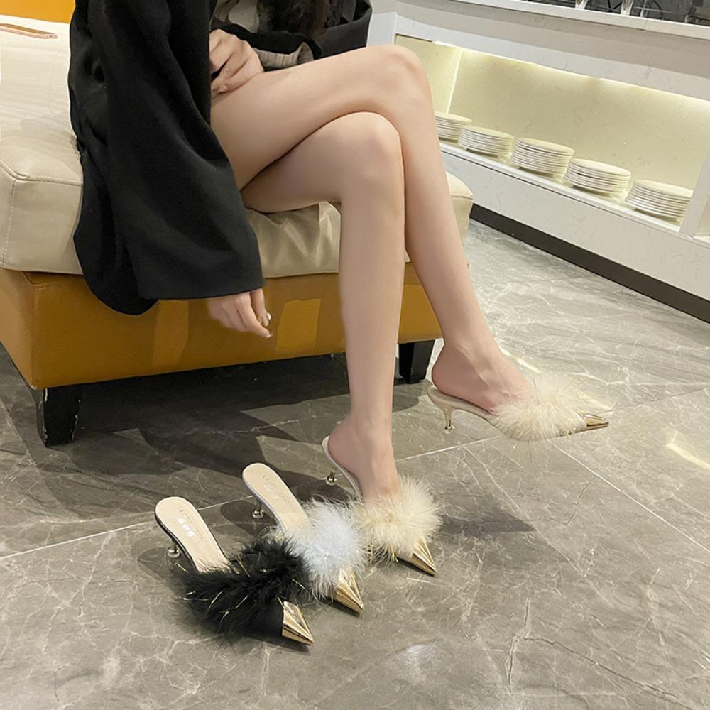 Туфли на высоком каблуке с острым носком для женщин на открытом воздухе Босоножки на высоком каблуке для женщин Перьевые полутапочки для внешней носки Pantuflas De Mujer