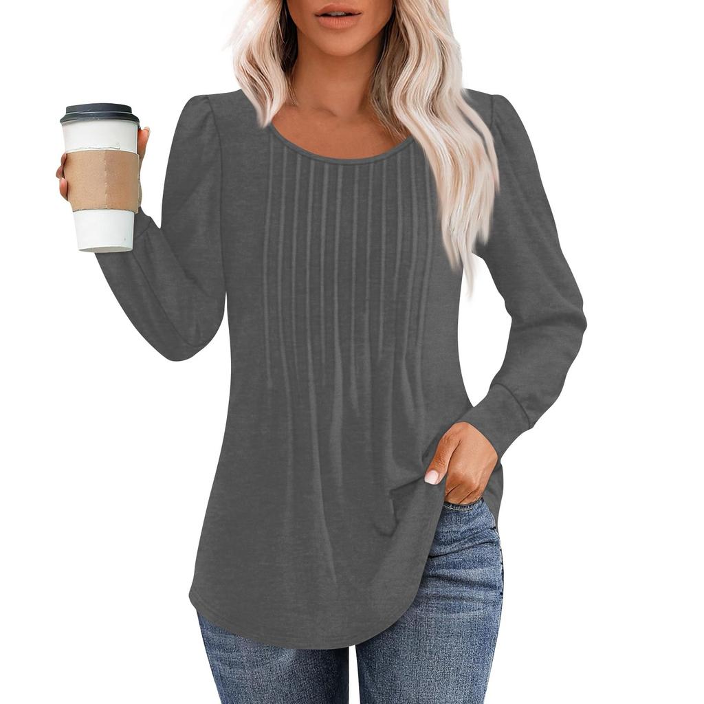 Long Sleeve Shirts For Women Tops Dressy Casual Blouses Pleated Scooped Neck Tunic Tops