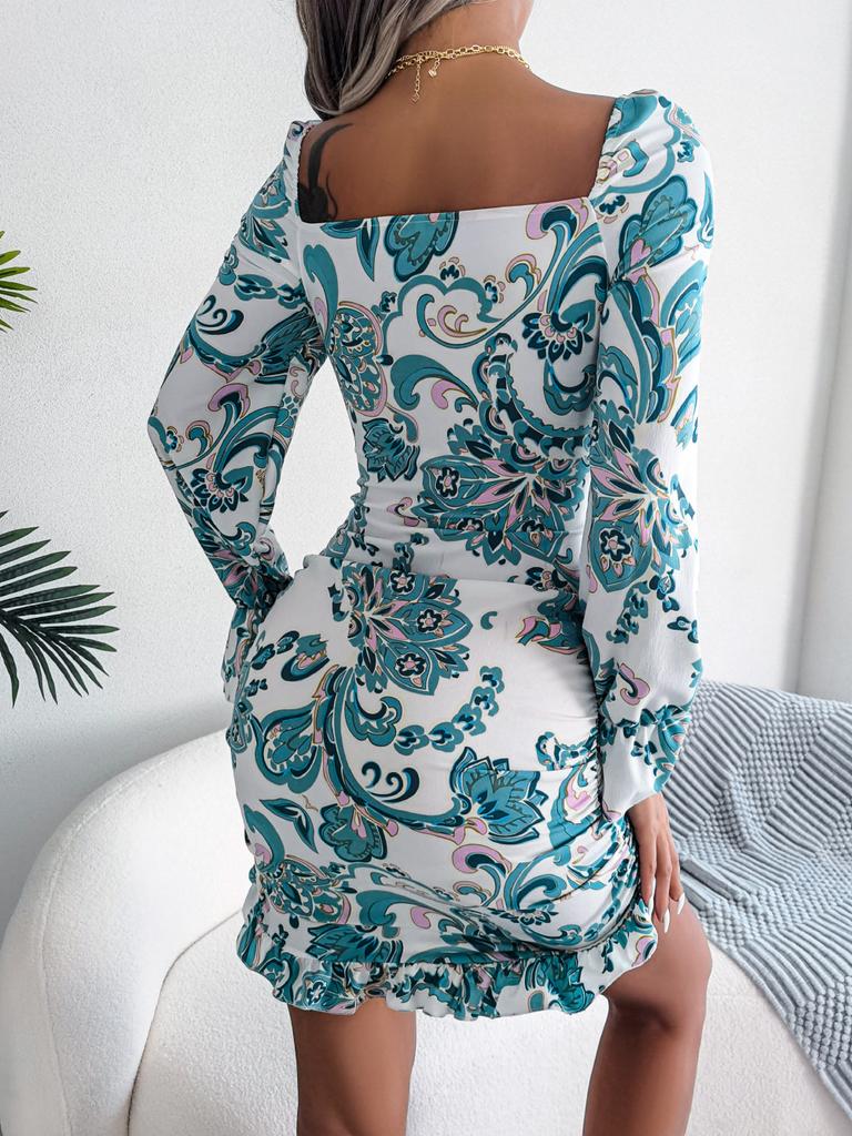 Women's New High Waisted Sexy Dress In Autumn Long Sleeved Short Skirts Printing Temperament Bag Hip Dress