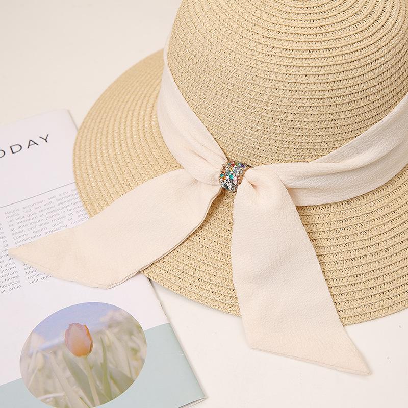 Женская широкополая соломенная шляпа от солнца с элегантным черным бантом, однотонная пляжная шляпа для летних путешествий, классическая защита от ультрафиолета на открытом воздухе