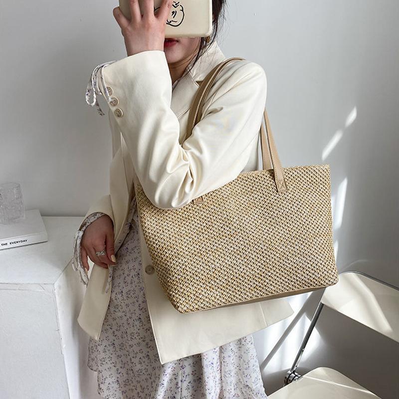 Yogodlns Летняя соломенная сумка, женская большая вместительная плетеная сумка-тоут, пляжная сумка ручной работы из ротанга, женская соломенная сумка на плечо для отпуска, сумка