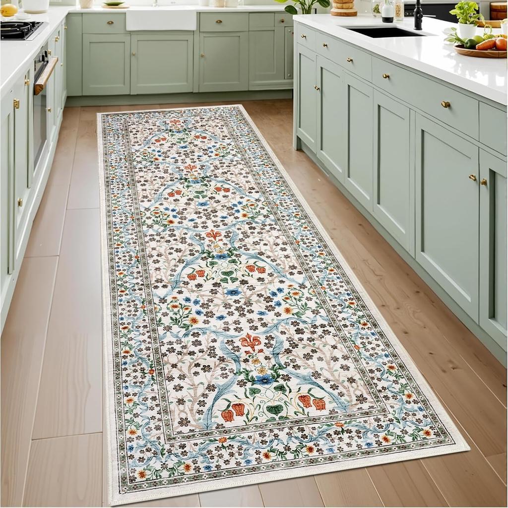 Коврик-дорожка для коридора, напольный коврик, темно-синий ковер с растительным цветочным рисунком, ковры в богемном стиле для домашнего декора, мягкие ковры, которые можно стирать в машине