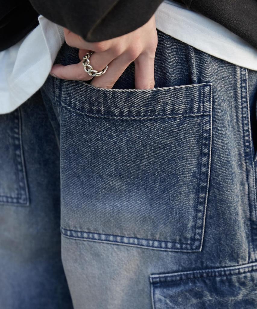 WEGO Средний Деним Легкие Карго Широкие Штанины Корейский Средний Средний Деним Мужские Брюки, Брюки, Уличная Одежда, Спорт, На Открытом Воздухе, Стиль, Весна, Лето, Осень,