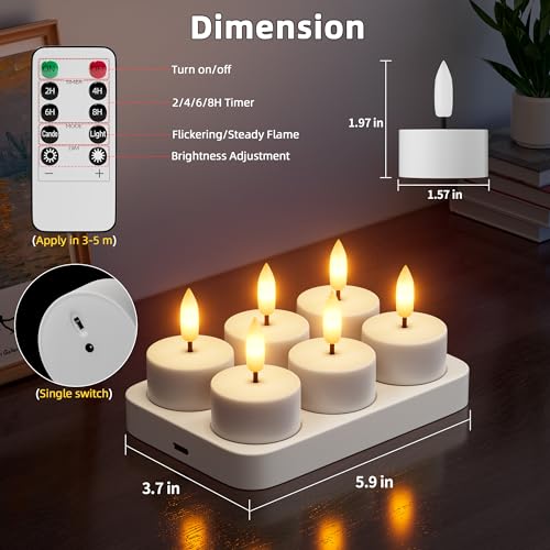 Rechargeable Flameless Tea Lights Candles Battery Operated Remote Control Tea Lights with Timer LED Tealight Candles with Charging Base Votive
