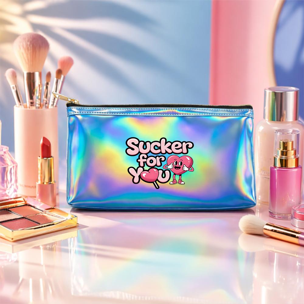 Cute Cartoon Heart Lollipop Print Laser Cosmetic Makeup Bag, Shiny Reflective Toiletry Storage Pouch for Travel Daily Use and Gift Ideas