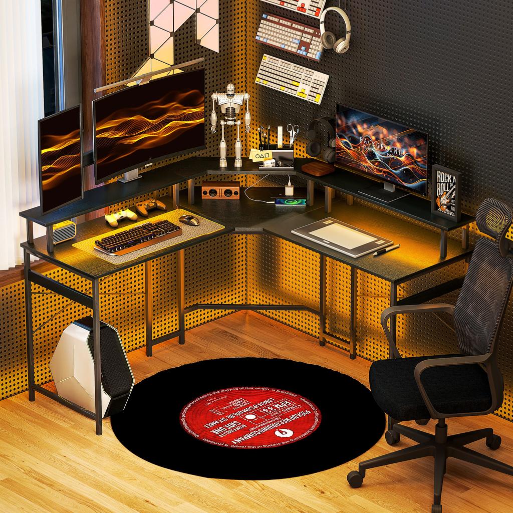 L Shaped Work Desk With LED Lights Black