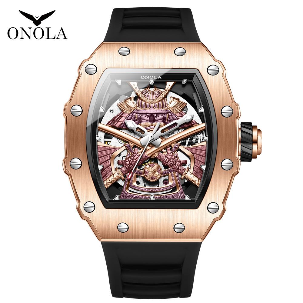 ONOLA Роскошные Мужские Часы с Автоматическим Механизмом Rose Gold, Модные с Циферблатом «Черный Воин», Водонепроницаемые Механические Часы для Мужчины, Лучший Подарок