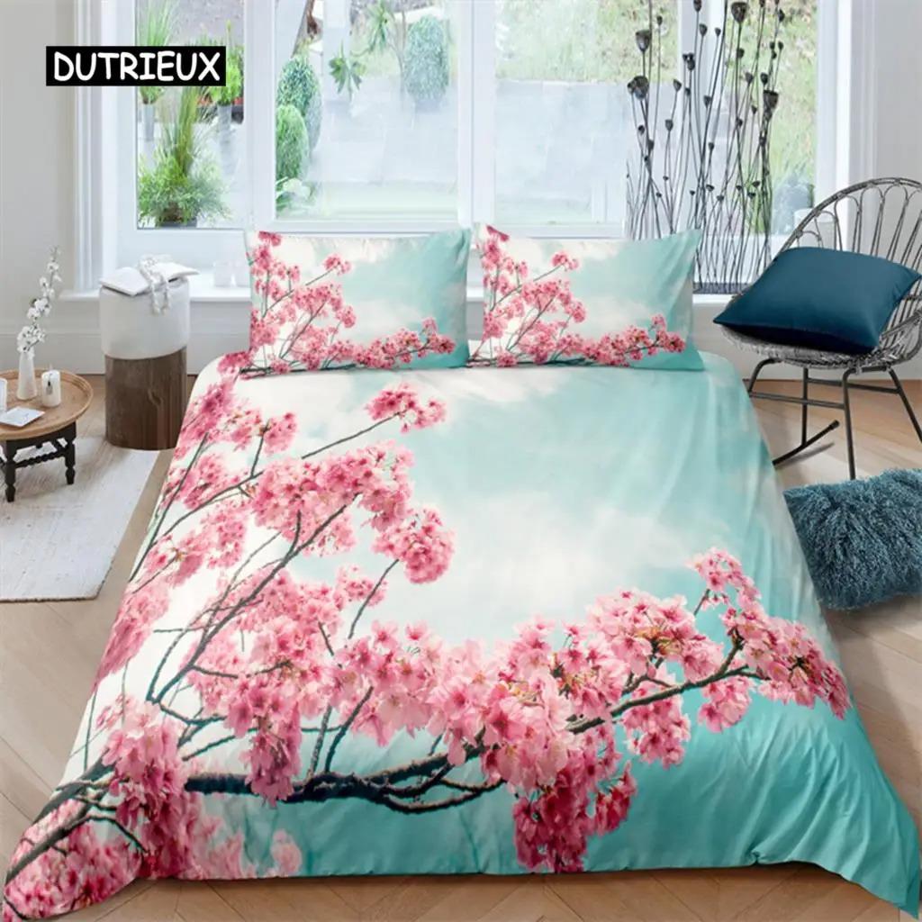 Plum Blossom Duvet Cover Collection King Pink Flower Quilt Cover For Girls Microfiber Branches Printed Bedding Collection