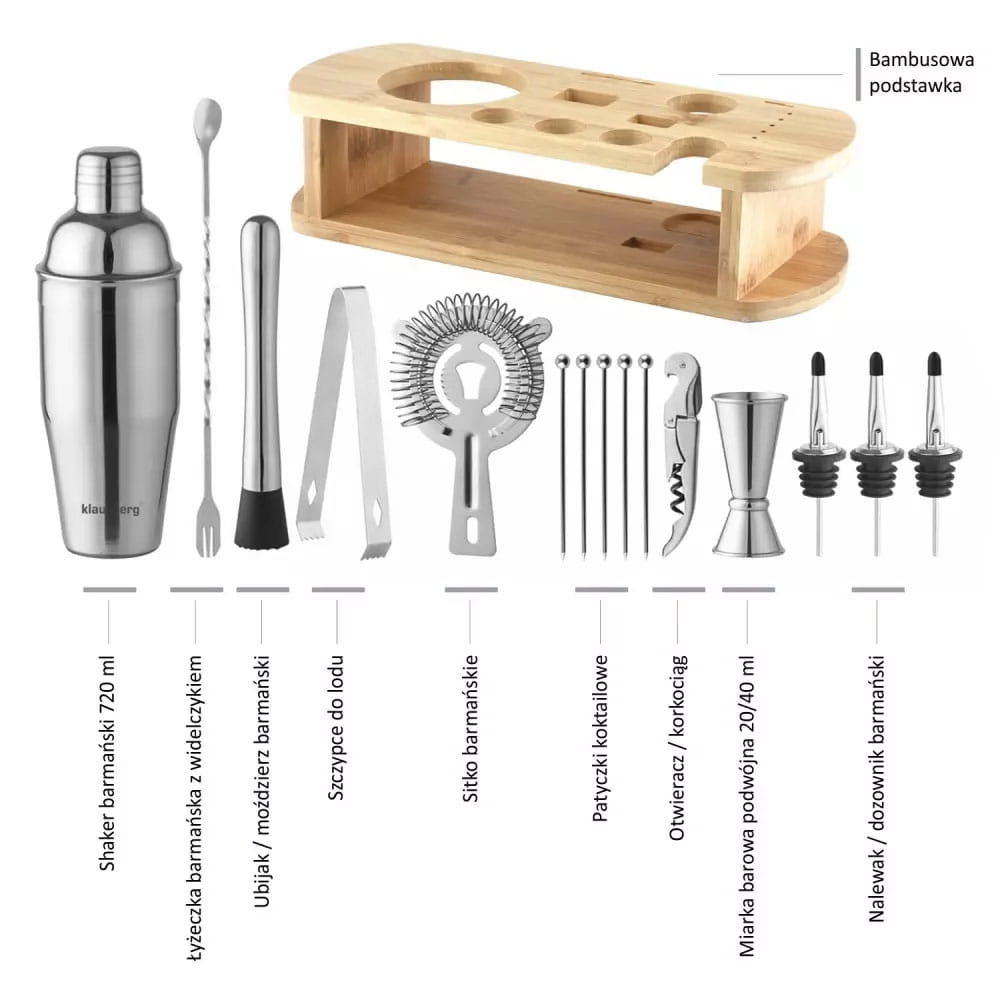 Zestaw barmański 16 elementów Shaker KLAUSBERG KB-7582 srebrny