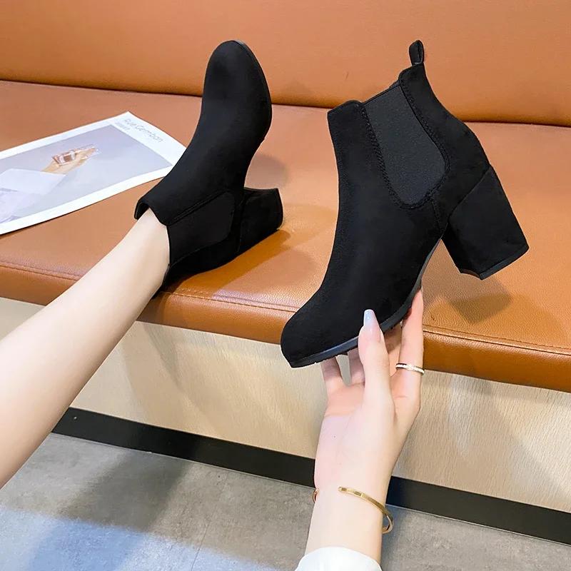 Round Toe Retro Short Boots for Women 2024 Versatile New Style Thick Heel Korean Style Spring and Autumn Single Boots Black
