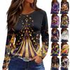 Women's Fashion Casual Slit Hem Round Neck Long Sleeve Loose Printed T-Shirt Top