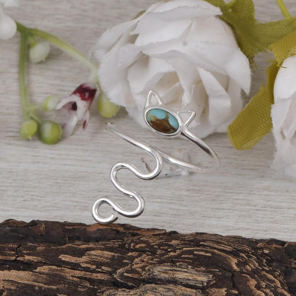 Turquoise Snake Wrap Ring | Adjustable Silver Cat Ring | Cute Animal Jewelry Gift for Women