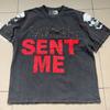 Vintage Washed Cotton Tee With Embossed Letter Rhinestone Detail Loose Fit Short Sleeve Men