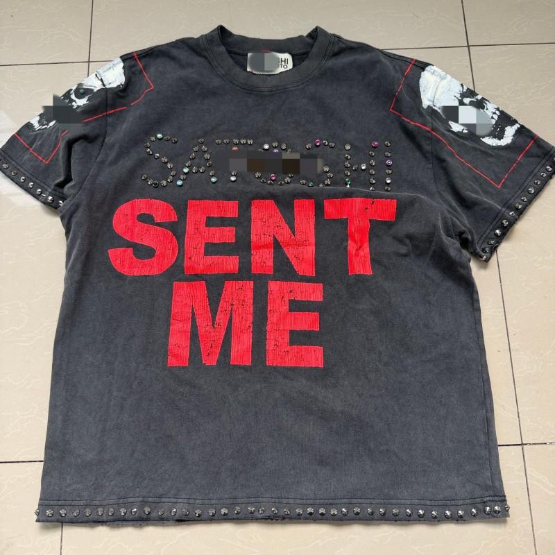 Vintage Washed Cotton Tee With Embossed Letter Rhinestone Detail Loose Fit Short Sleeve Men