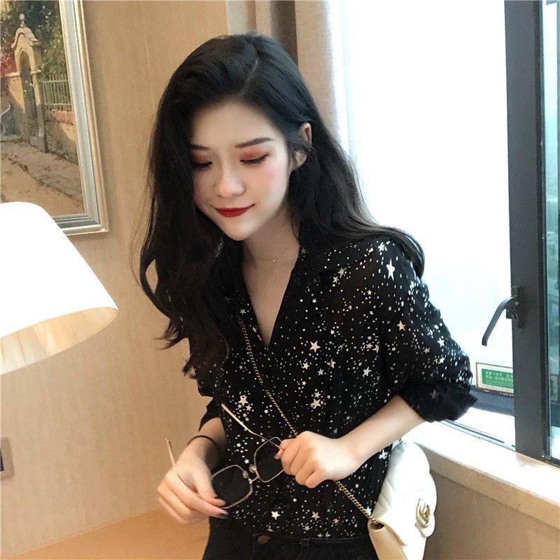 Summer Korean Loose Sparkling Star Chiffon Shirt Women's Top Sun Resistant Long Sleeved Shirt