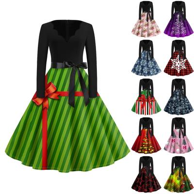 Женское повседневное модное длинное платье с V-образным вырезом и длинным рукавом с рождественским принтом в винтажном стиле