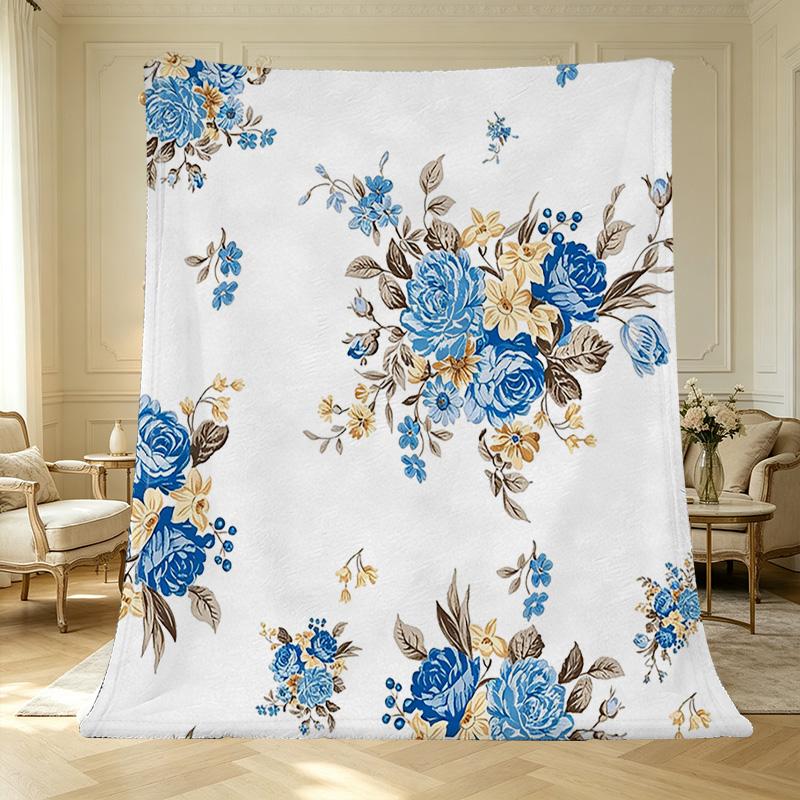 Postpartum Soft Flannel Fleece Blanket, Anti-Pilling Blue & Yellow Floral, Cozy All Season Home Blanket for Casual Lounge, Christmas & Halloween Gifts
