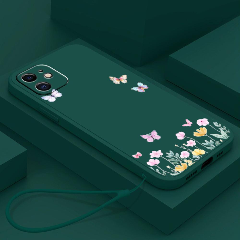 N86 Маленькая бабочка из свежего цветка с ремешком Силиконовые чехлы для телефонов с прямыми краями для Xiaomi Poco X5 Redmi Note 13 Pro Realme Huawei Противоударный чехол