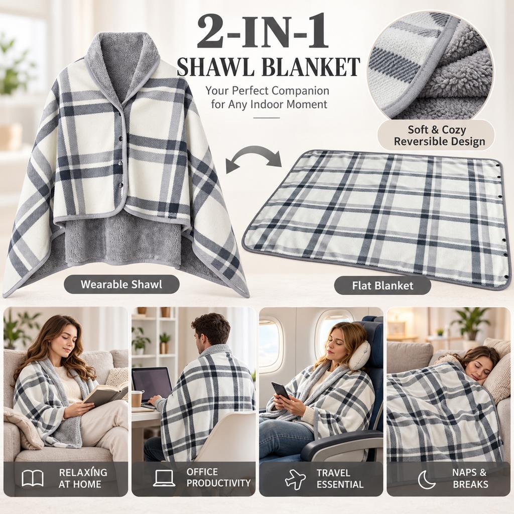 Plaid Wearable Blanket with Buttons, Cozy Shawl Wrap Cape for Home and Travel