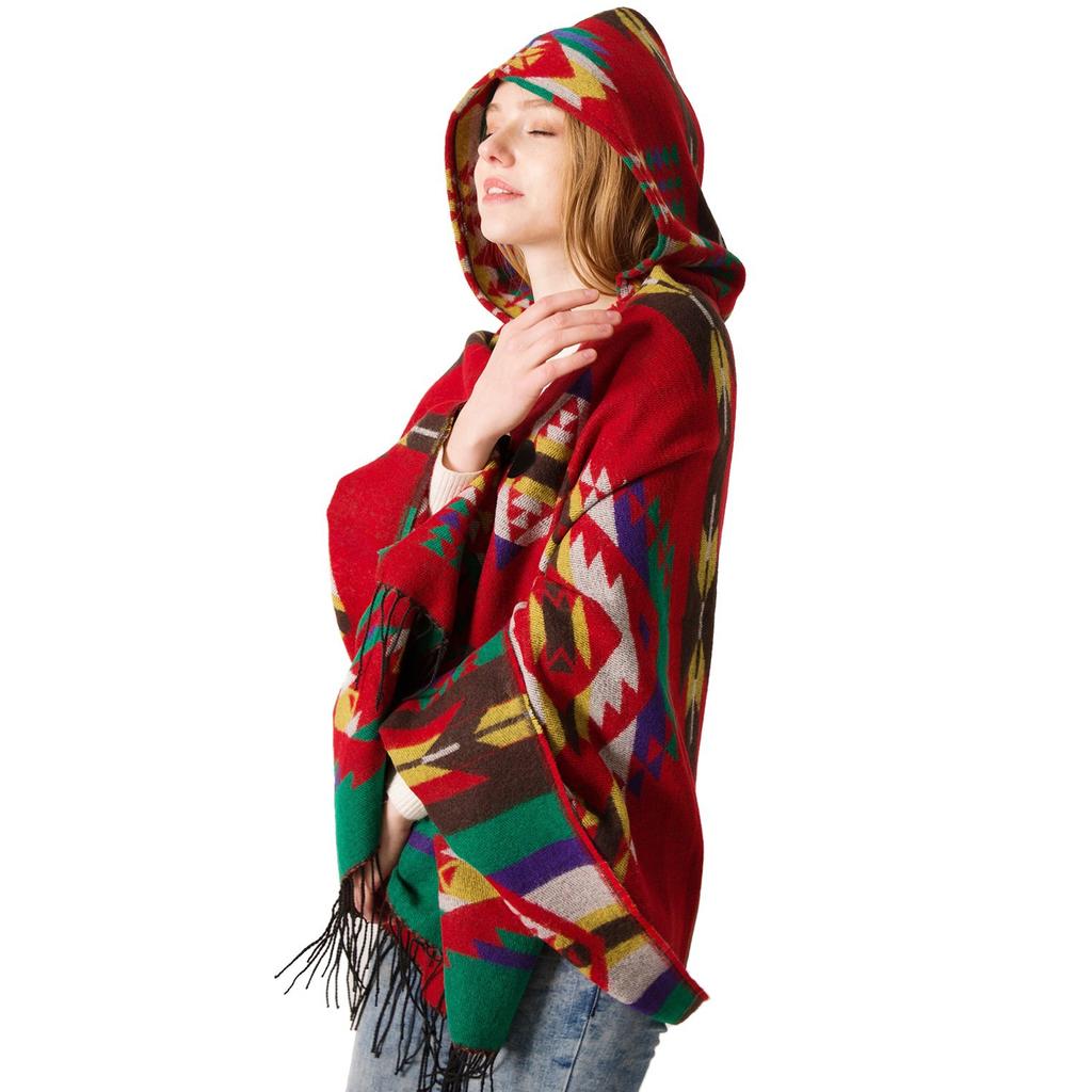 Women's Fashion Autumn and Winter Warm Toggle Closure Pashmina Ethnic Style Hooded Cape Bohemian Style Shawl