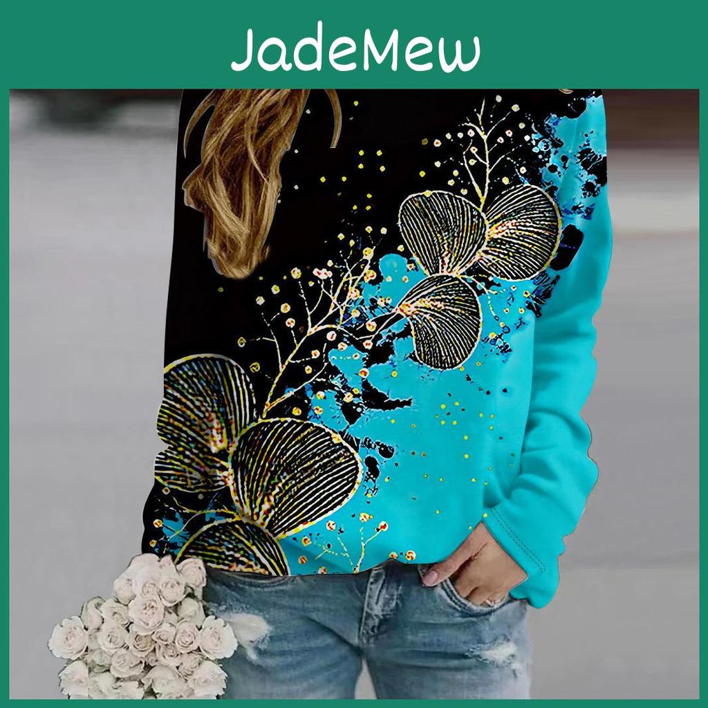 Fashion Womens O Fall Autumn Neck Long Sleeve Tshirt Loose Clothes Shining Fan Flower Print T Shirt For Girls Street