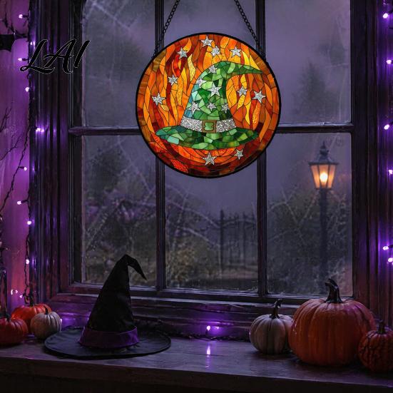 Creative Halloween Souvenirs Stained Glass Suncatcher Ornament Vintage Hanging Window Decor with Pumpkin Ghost Bat Witch Decorations Hat Pattern,