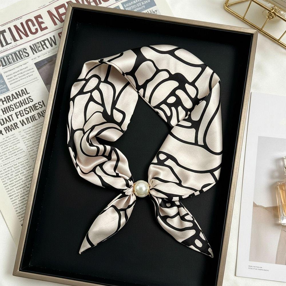 No Tie Silk Scarf Magnetic Pearl Buckle Women Neckerchief Sun Protection Satin Neck Scarf  Summer