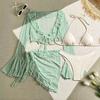 4Pcs/Set Women Sexy Swimsuit Halter Bra with Lace-up Briefs Set Ruffle Trim Beach Style Long Sleeve Cover Up Tops Skirt Set