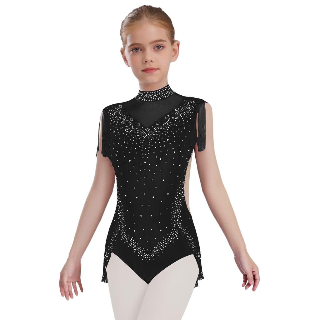 Girls Rhinestone Dance Leotard - Sparkling Mock Neck Bodysuit with Sheer Mesh & Tassel Skirt, Invisible Zipper Back