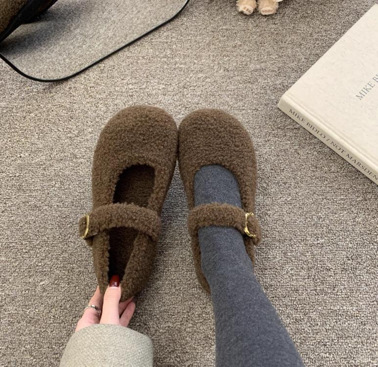 Дизайн Мех Женские Туфли Мэри Джейн Лаконичные Сохраняют Тепло Уличная Обувь Женские Удобные Хлопковые Балетки Обувь