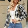 Women's Short Knitted Cardigan Autumn Winter Houndstooth Jacquard Loose V-neck Lantern Sleeve Knitted Sweater Coats for Women