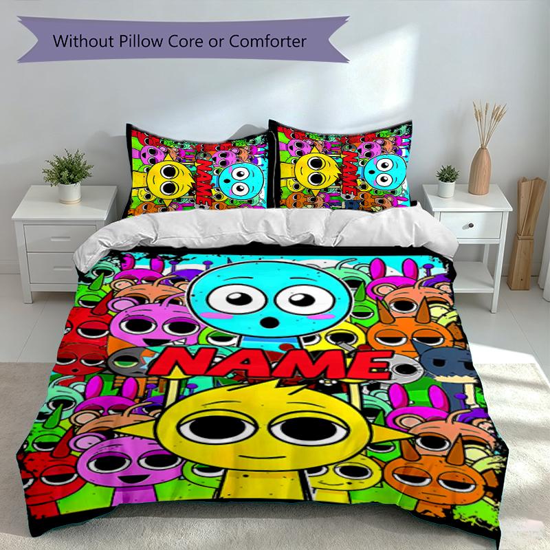 3pcs Custom Name Sprunki themed Bedding Set,Includes 1 Duvet Cover and 2 Pillowcases,All-season Bedroom Decor