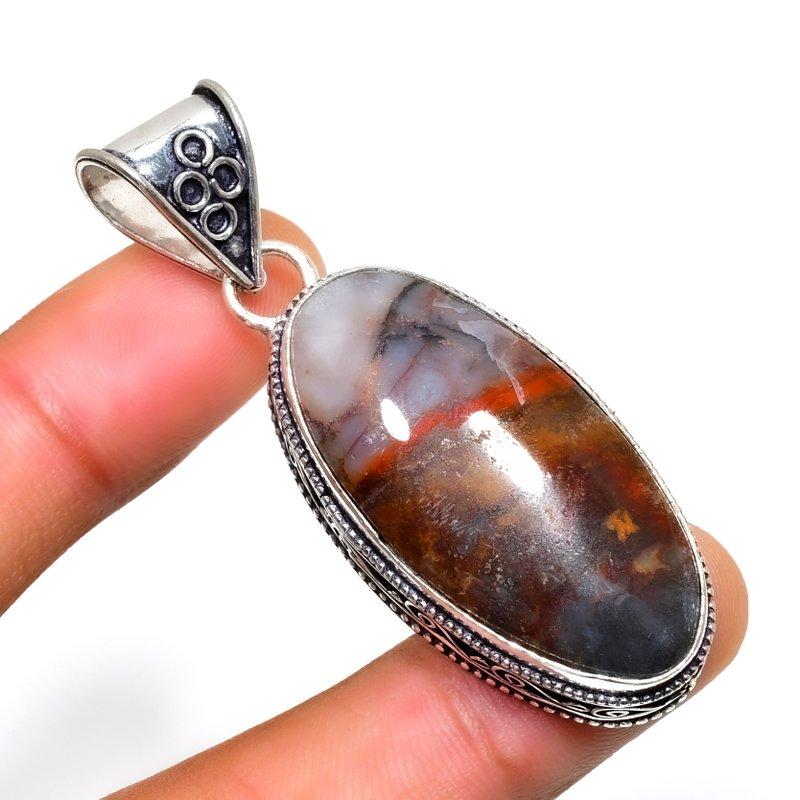 Seam Agate Gemstone 925 Silver Plated Handmade Jewelry Pendant 2.27"