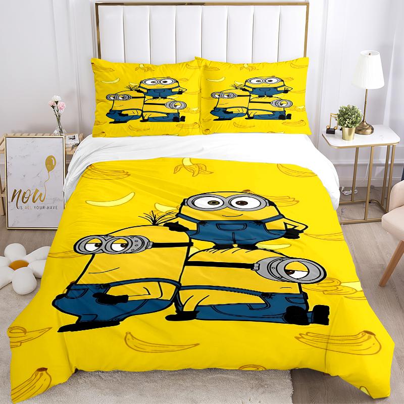 3Pcs Minions Yellow Background Bedding Sets For All Sizes New 3D Printed Bed Cover Comforter Duvet Cover Pillowcase Bedroom Decoration