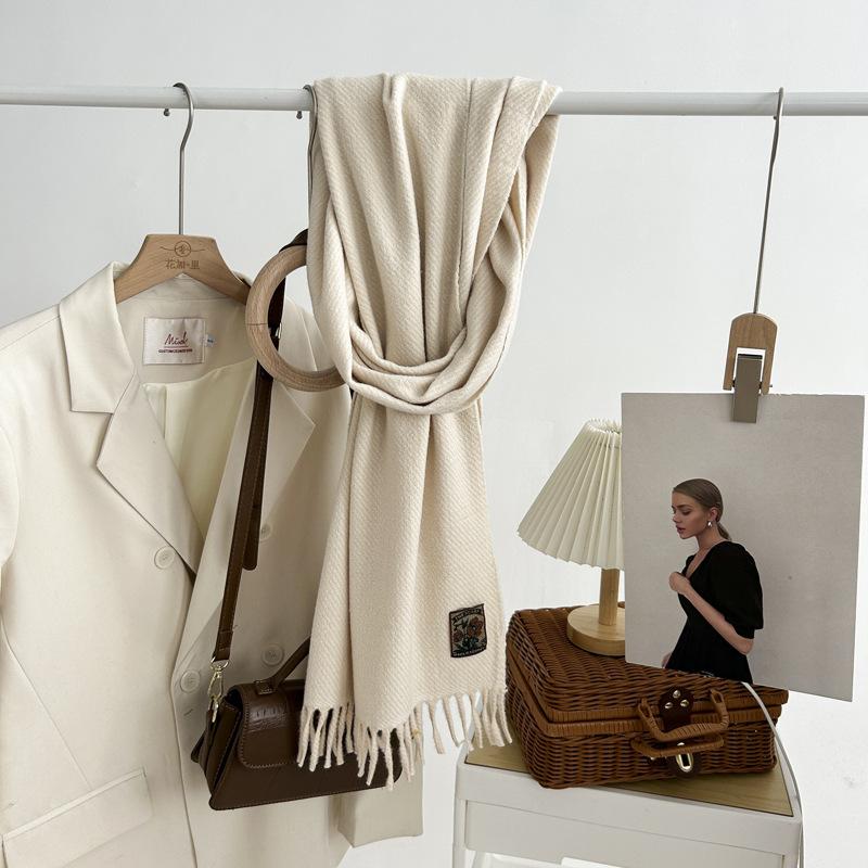Кашемировый шарф на ощупь, осенне-зимний, однотонный, женский, с толстой кисточкой, простой и универсальный, мягкий и теплый, имитация кашемира, шаль
