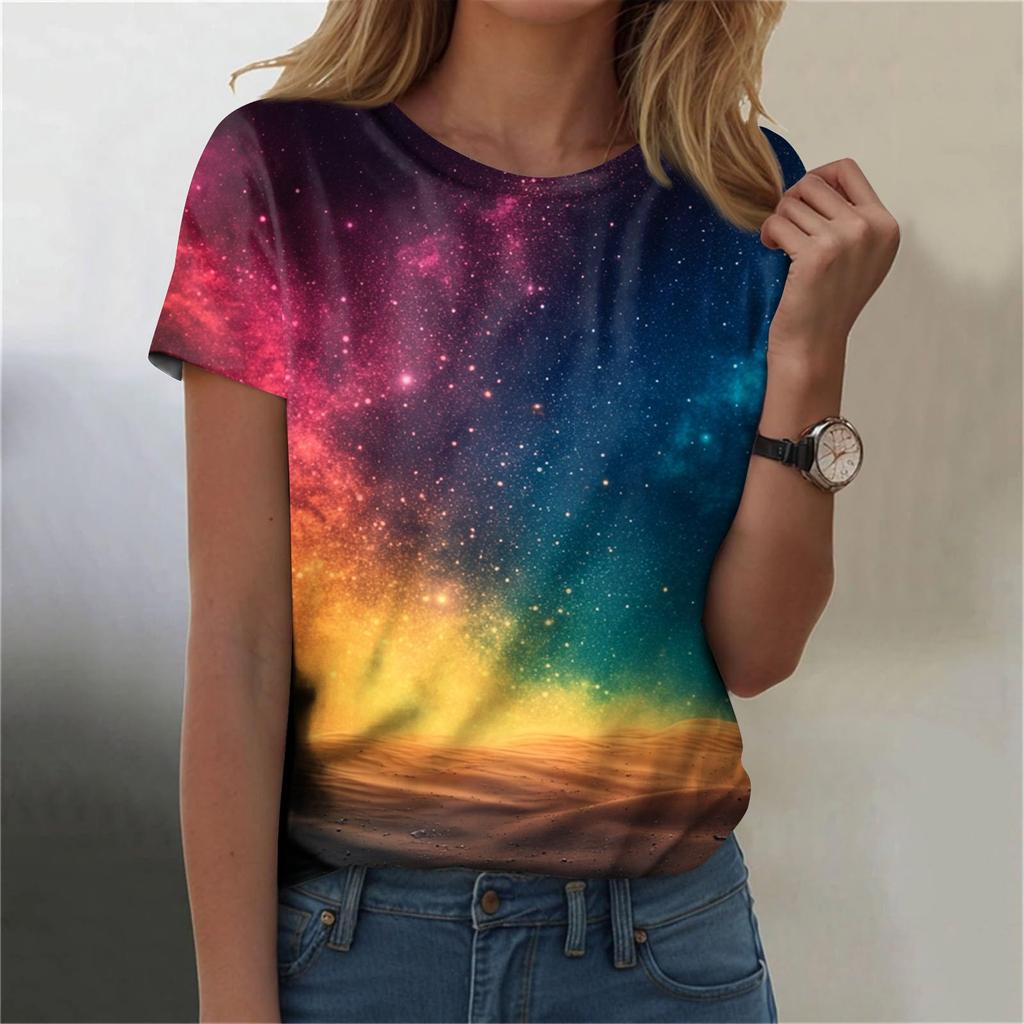Женская мода Sky Print модная универсальная облегающая футболка с коротким рукавом