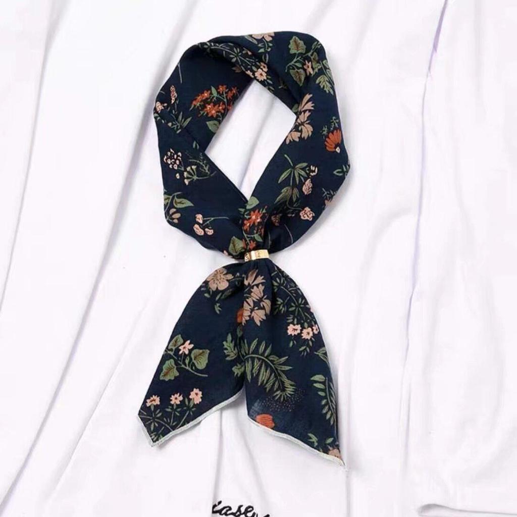 Retro Green Floral Small Silk Scarf - Korean Style Women's Versatile Autumn/Spring Accessory, Thin Square for Neck or Headband