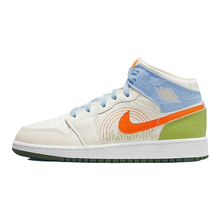 Air Jordan 1 Mid SE Grade School 'Stitch' (Unisex) Sail / Psychic Blue / Vivid Green / Safety Orange Kids' Basketball Shoes DX2462 100