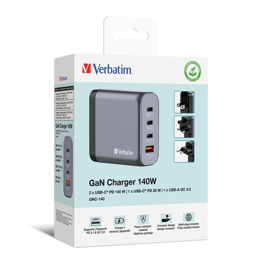 Ładowarka sieciowa Verbatim GaN GNC-140 3xUSB-C PD (2x140W+20W) 1xUSB-A QC 3.0