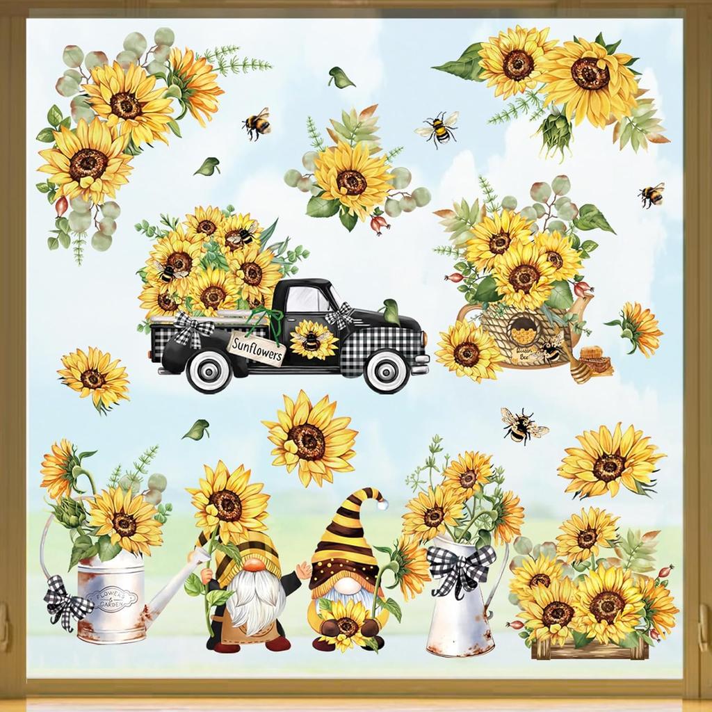 Decalmile Spring Summer Sunflower Double Sided Window Clings - Easter Flowers Gnomes Decals Anti-Collision Glass Doors Stickers